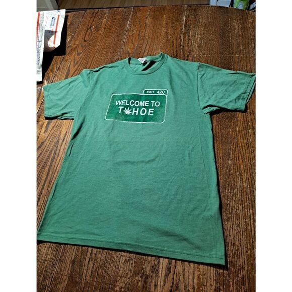 New Exit 420 Welcome to Tahoe Weed Tee Unisex M Green White USA Novelty Shirt - Picture 2 of 3